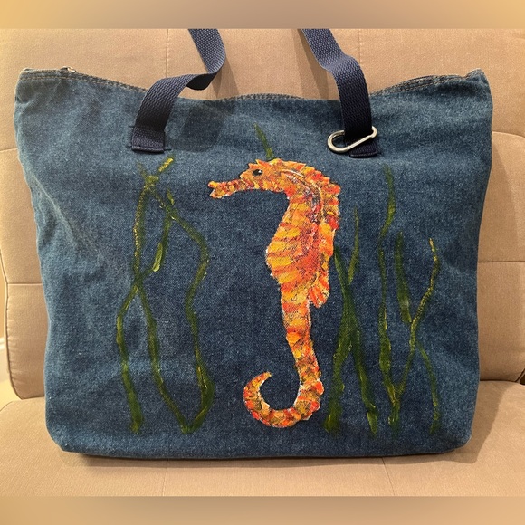 Handbags - Denim Tote Bag with Seahorse Design
